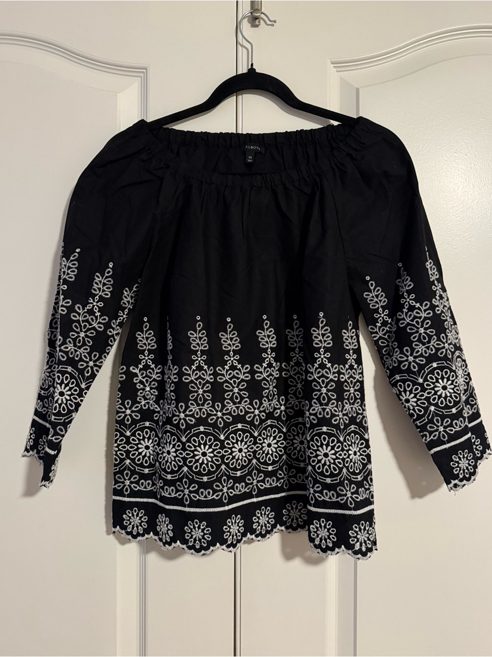 Talbots Black Off-Shoulder Top with White Embroidery